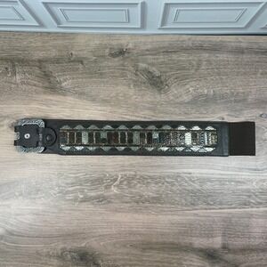 Chico's Embellished Wide Waist Belt Brown Leather Elastic Back Silver Buckle